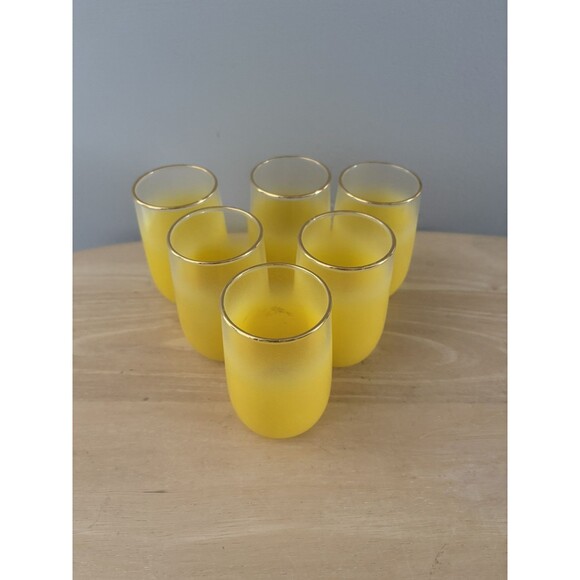 Vintage Blendo Frosted Yellow Gold Trim Juice Glasses West Virginia Lot of 6 MCM - Picture 3 of 10